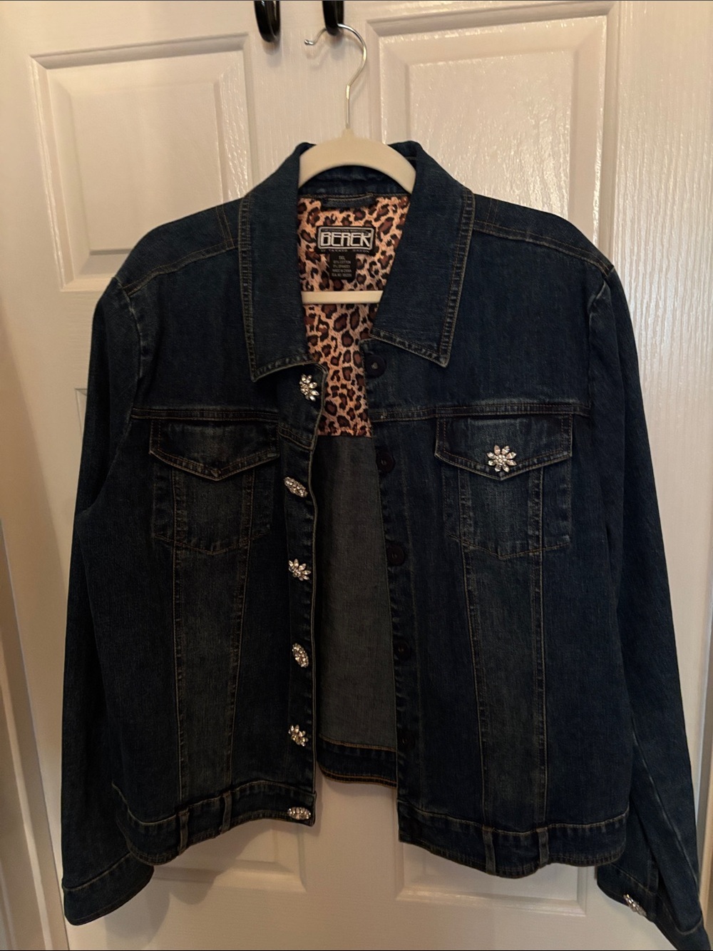 ecru Dark Indigo Denim Jacket with Leopard Lining & Rhinestone Buttons